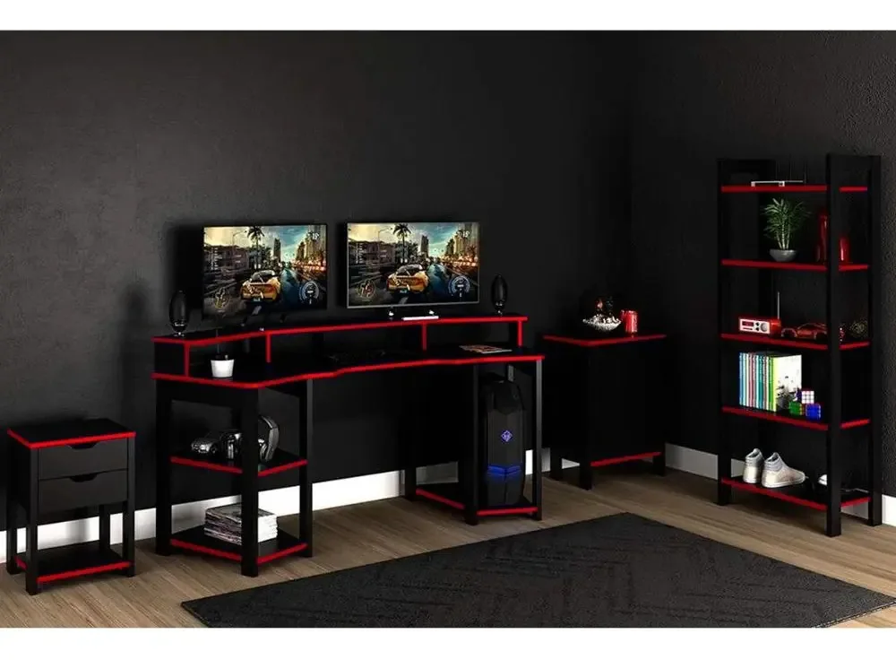 Quarto Completo Solteiro Gamer 4 Peças Mesa Cabeceira + Mes