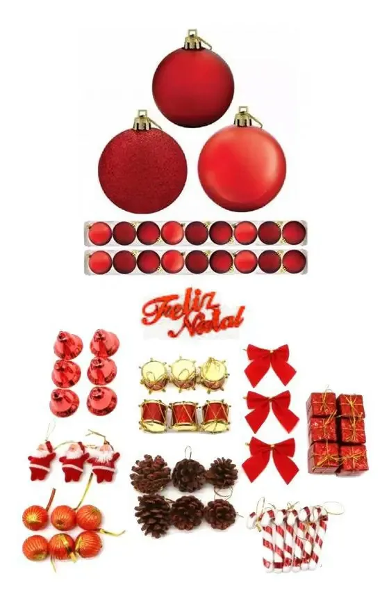 Kit 73 Enfeites Pendentes Árvore De Natal Sino Vermelho Bola