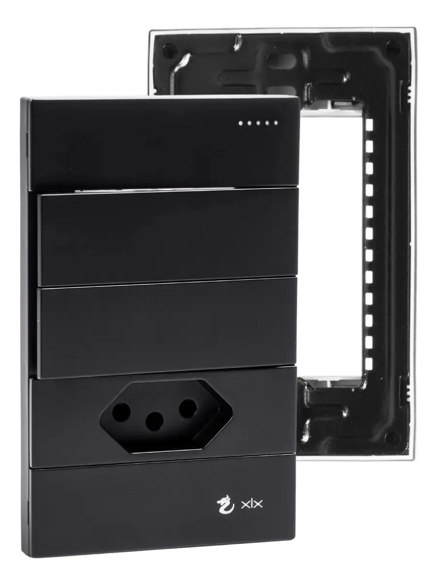Placa com 2 Interruptores Simples e 1 Tomada 10A da XLX, Preto Fosco