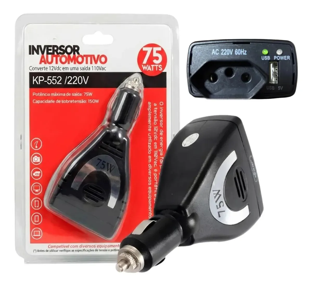 Inversor de Corrente Veicular 75W para Tomada 12V e USB