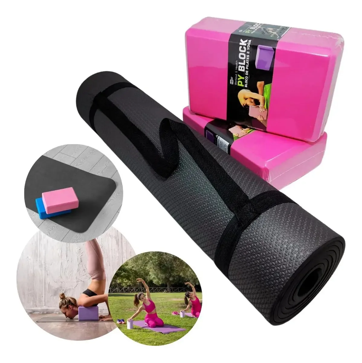 RDJ Yoga/Pilates Cor Preto/pink Kit Yoga Pilates Tapete Esteira Colchonete Com 2 Blocos Yoga