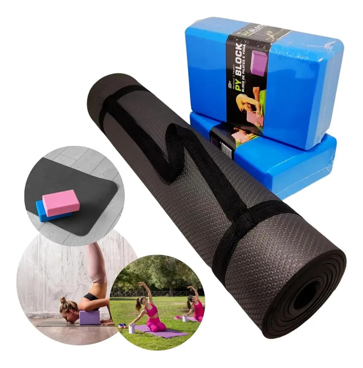 RDJ Yoga/Pilates Cor Preto/Azul Kit Yoga Pilates Tapete Esteira Colchonete Com 2 Blocos Yoga