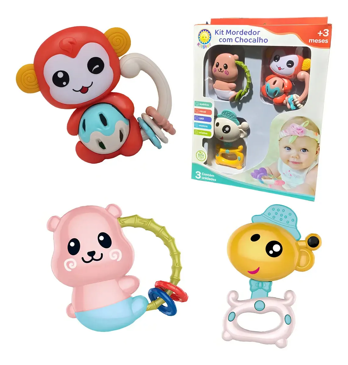 Chocalho Infantil Toy King Kit 3 Chocalhos Coloridos 3 Meses Mordedor