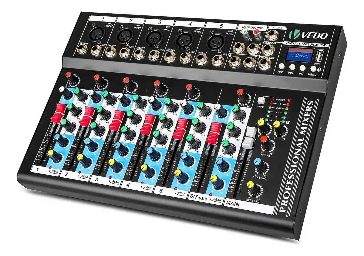 Mesa de Som Digital Vedo Mixer 7 Canais Interface USB Efeitos