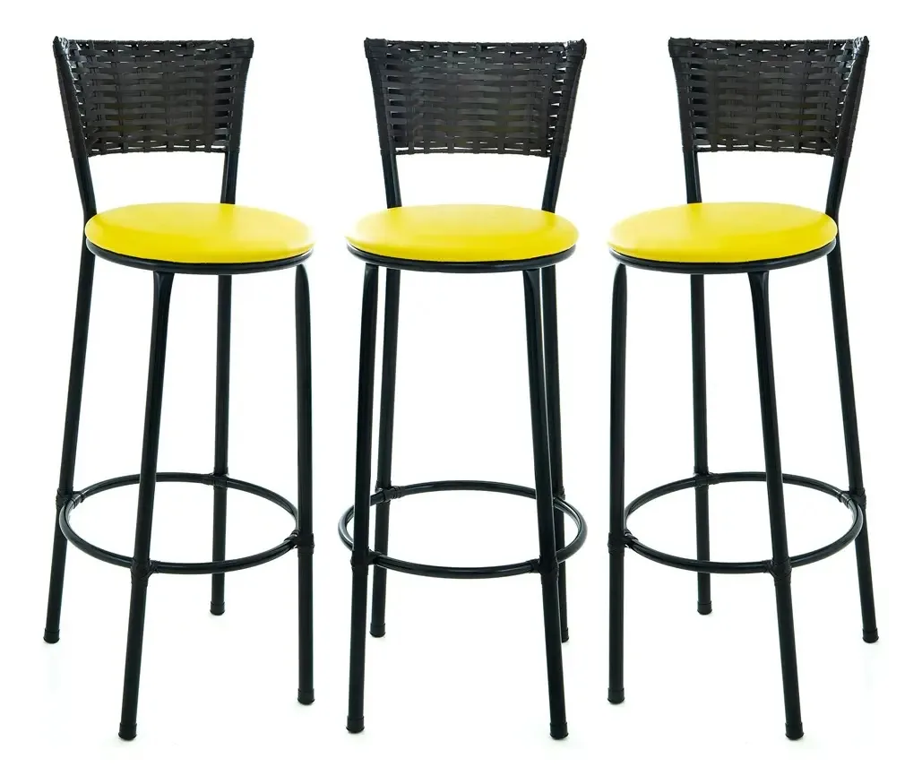 Kit 3 Banqueta Alta Estilo E Conforto Encosto Junco Tabaco Cor Amarelo