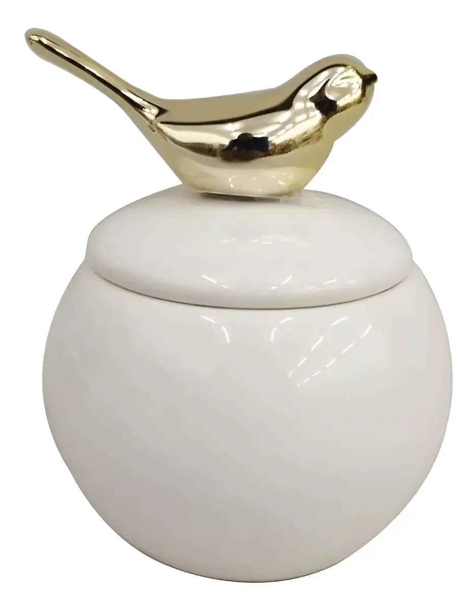Porta Joias Pássaro Cerâmica Branco/dourado 12 Cm