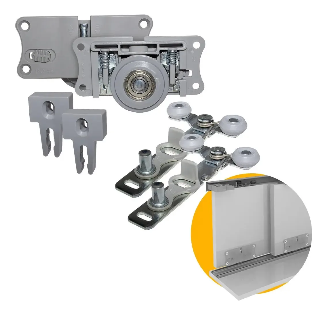 Kit Roldanas Porta Correr Rometal Modelo RO-444025L com Guia Mola