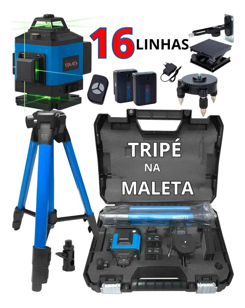 Nível a Laser 16 Linhas Verde XCOLD'S com Tripé Azul e Maleta 360°