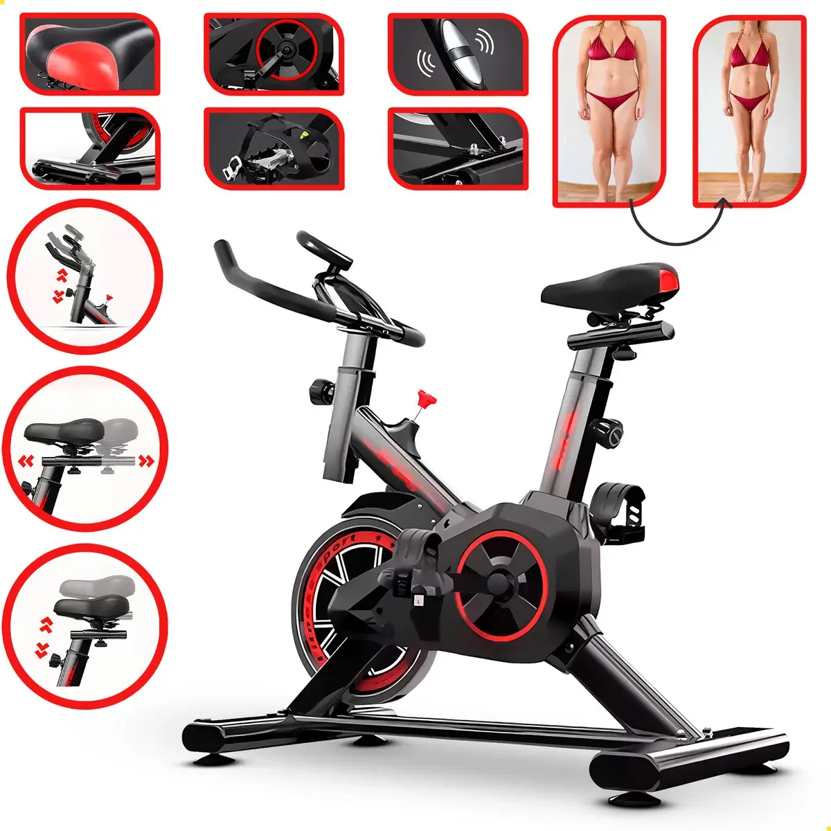 Bicicleta Ergométrica Fitness Para Spinning Cardio E Musculação Com Base Cor Preto E Vermelho 8kg Inercia Ligeiro