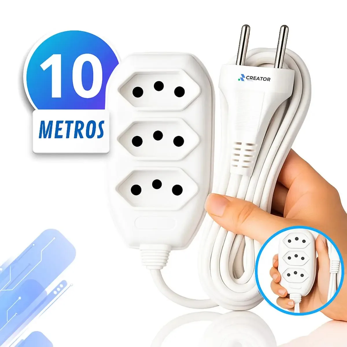 Extensão Elétrica 10 Metros Branca 3 Tomada Tripolar Bivolt Compacta Creator Brasil