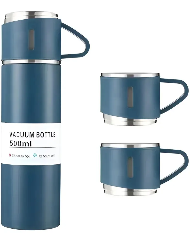 Garrafa Térmica 500ml Com Kit 3 Xícara Café Chá Cor Azul