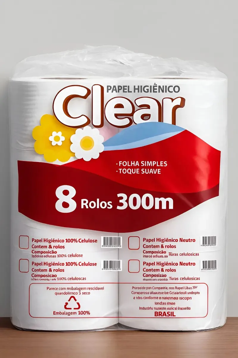 Papel Higiênico Clear Pacote 8 Rolos 300m 100% Celulose