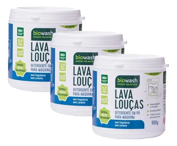 Kit 3x: Detergente Lava Louças Pó Biodegradável Biowash 500g