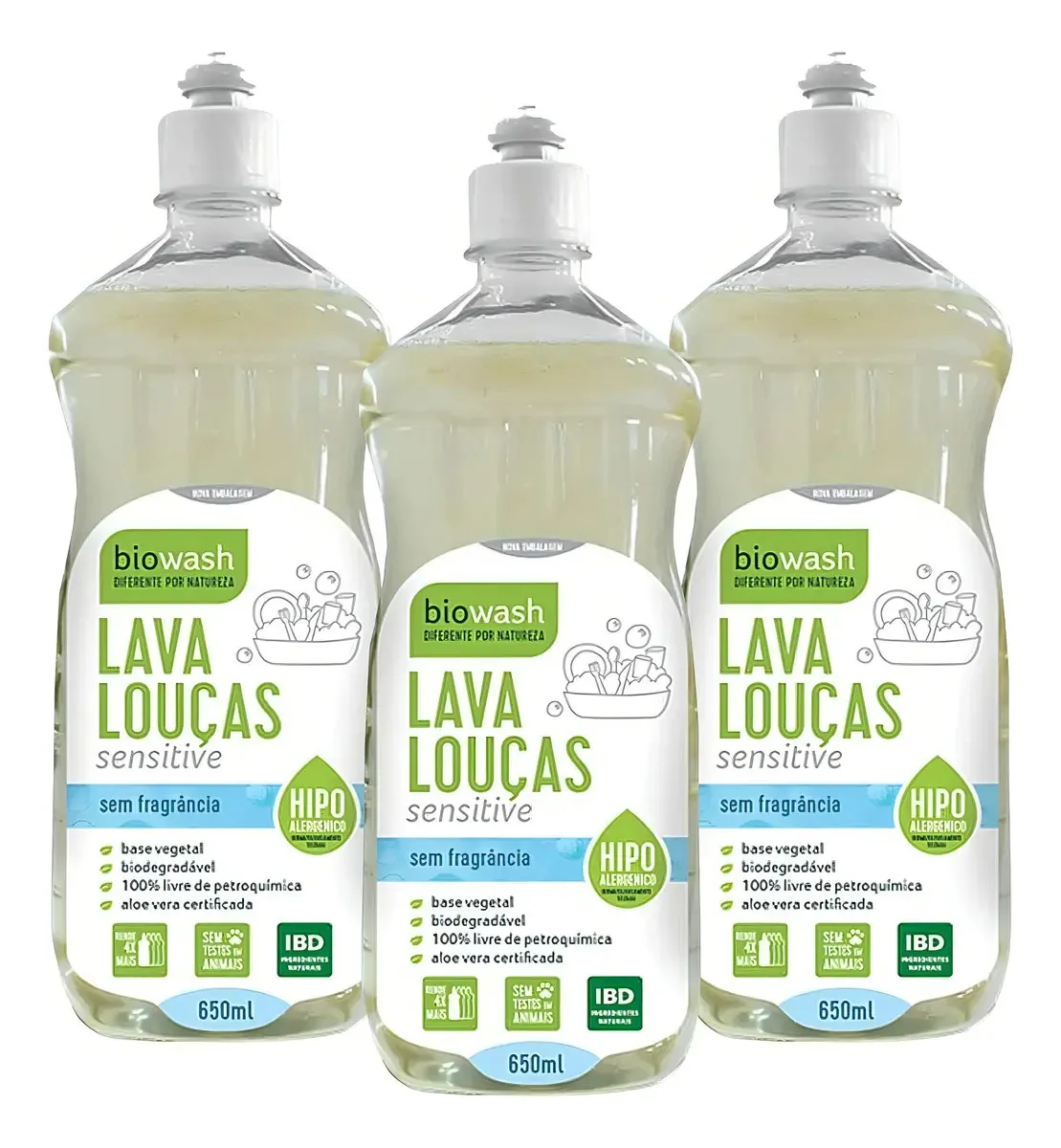 Kit 3x: Detergente Lava Louças Sensitive Biowash 650ml