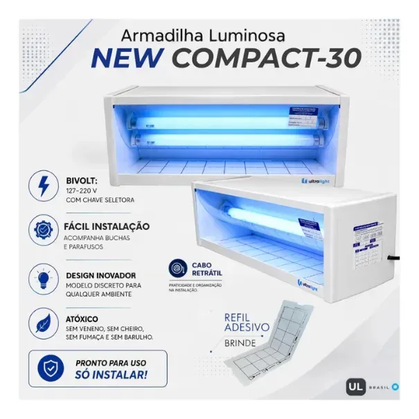 Aparelho Luminoso Pega Mata Moscas Insetos Padarias Restaurantes Compact-30