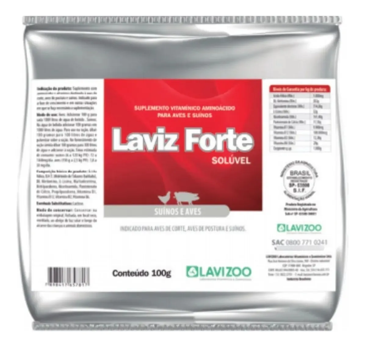 Laviz Forte Solúvel Lavizoo Aminoácidos 100g Aves Suínos