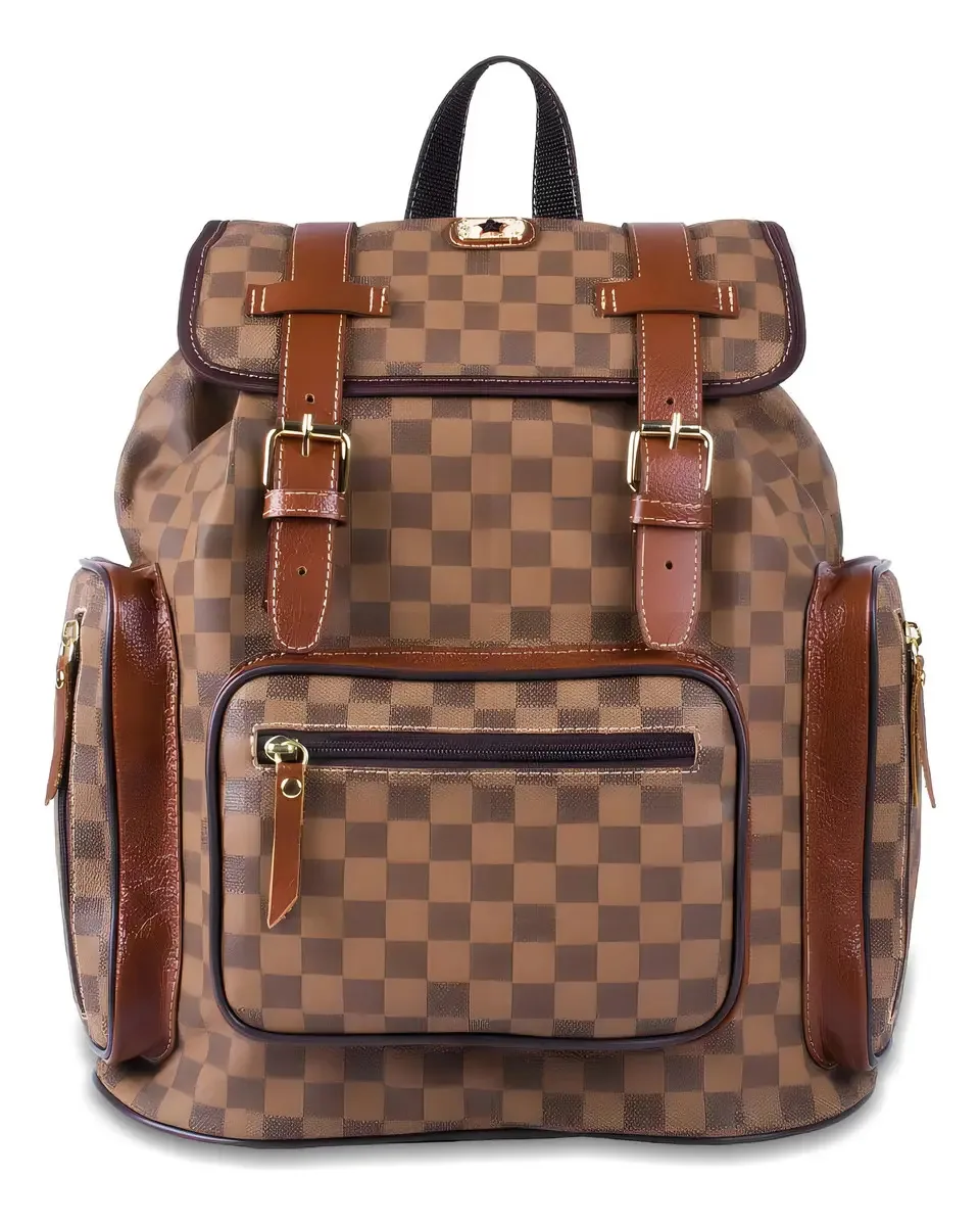Mochila Couro Artlux Xadrez Couro Com Sintético Caramelo