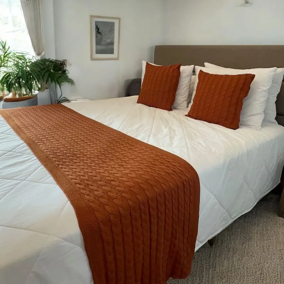 Kit Peseira Manta Sofá King 260x60 + 2 Capas 45x45cm Cor Terracota Desenho Trança