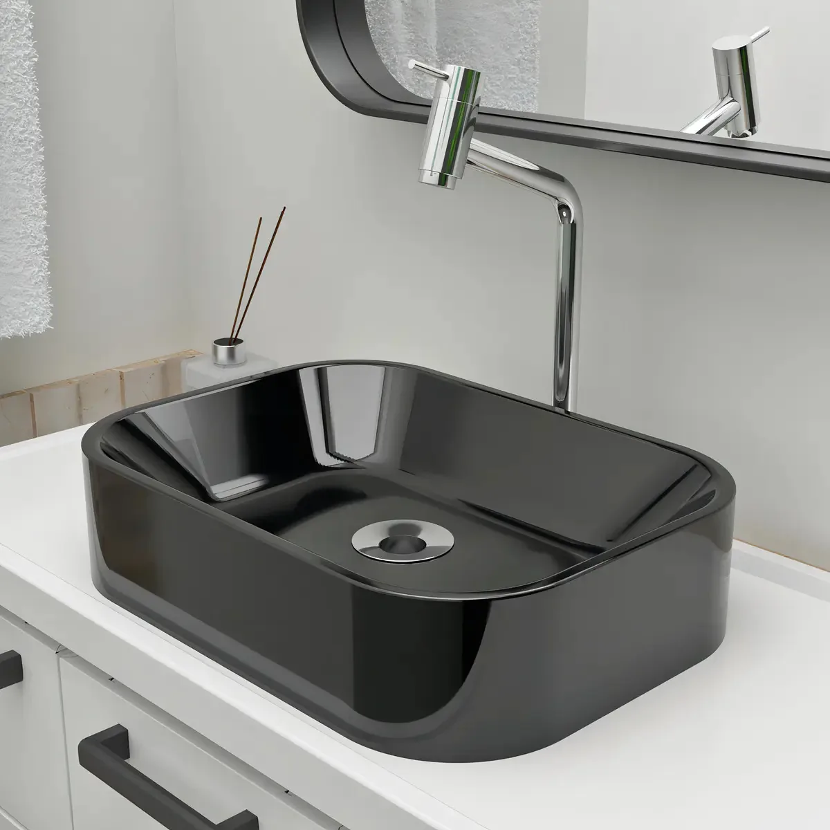 Cuba Pia De Apoio Retangular 36,5x27cm Preta E Válvula Inox Para Banheiro E Lavabo