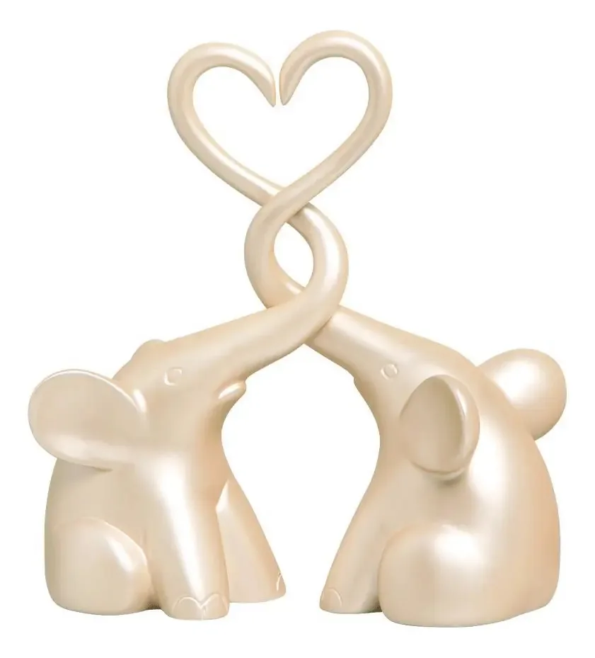 Casal De Elefantes Trompas Coração Cerâmica Decorativa Creme