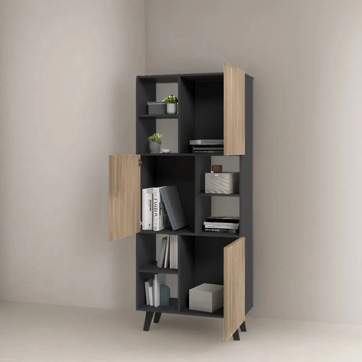 Armário multiuso de biblioteca com prateleiras de nicho e portas - Eames Color Black
