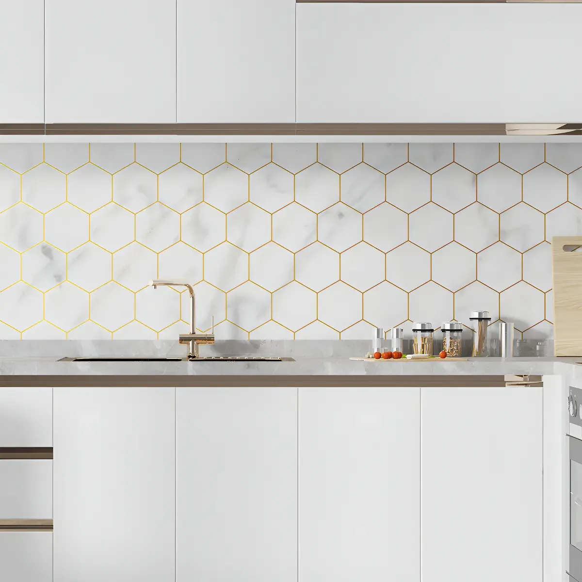 Adesivo Decorativo Papel Parede 3 Metros Geométrico Dourado Hexágono Mármore Cozinha Banheiro Lavável