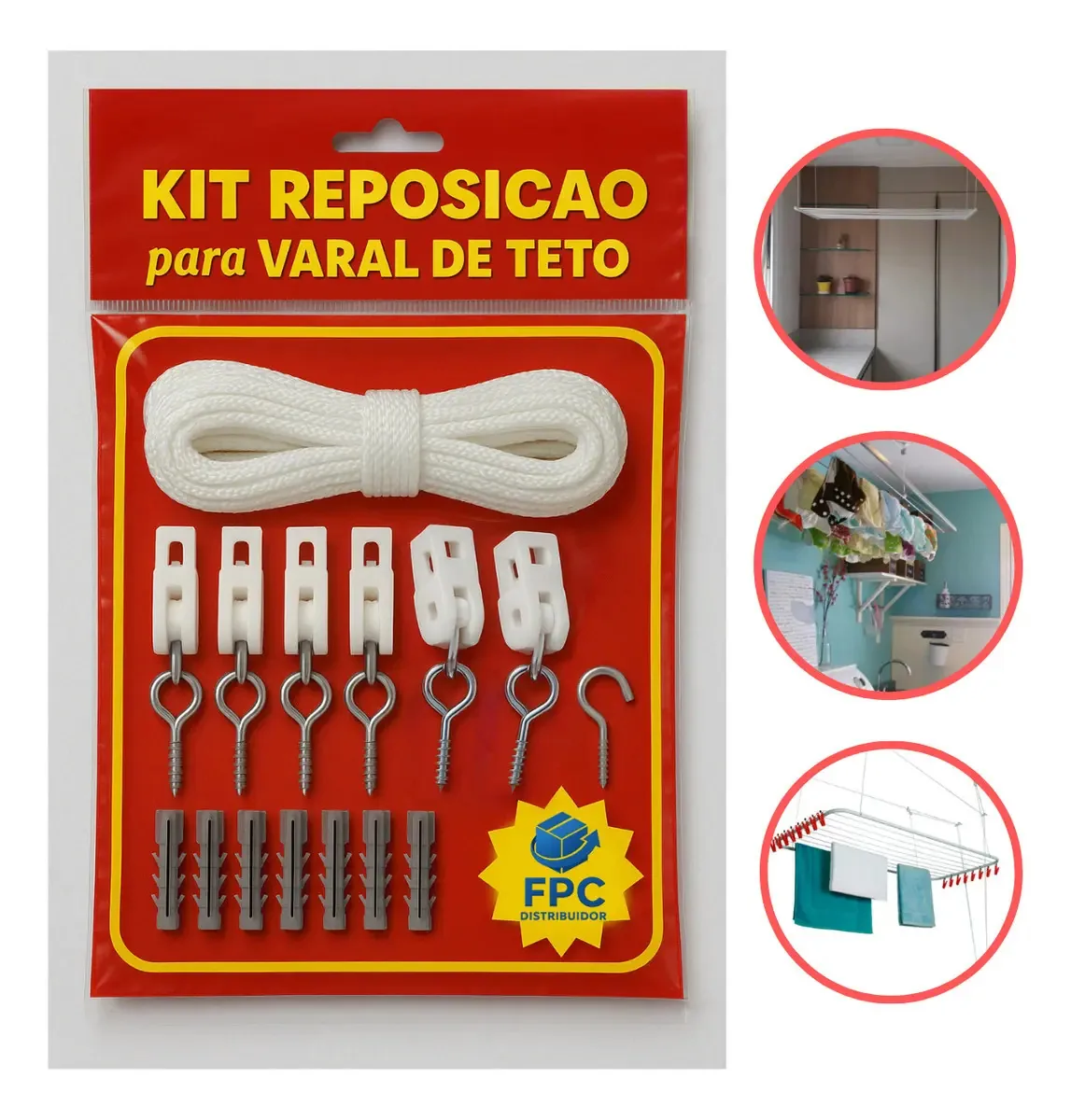 Kit Reposição Varal De Teto Premium Roldanas C/ Corda 15mt Cor Branco