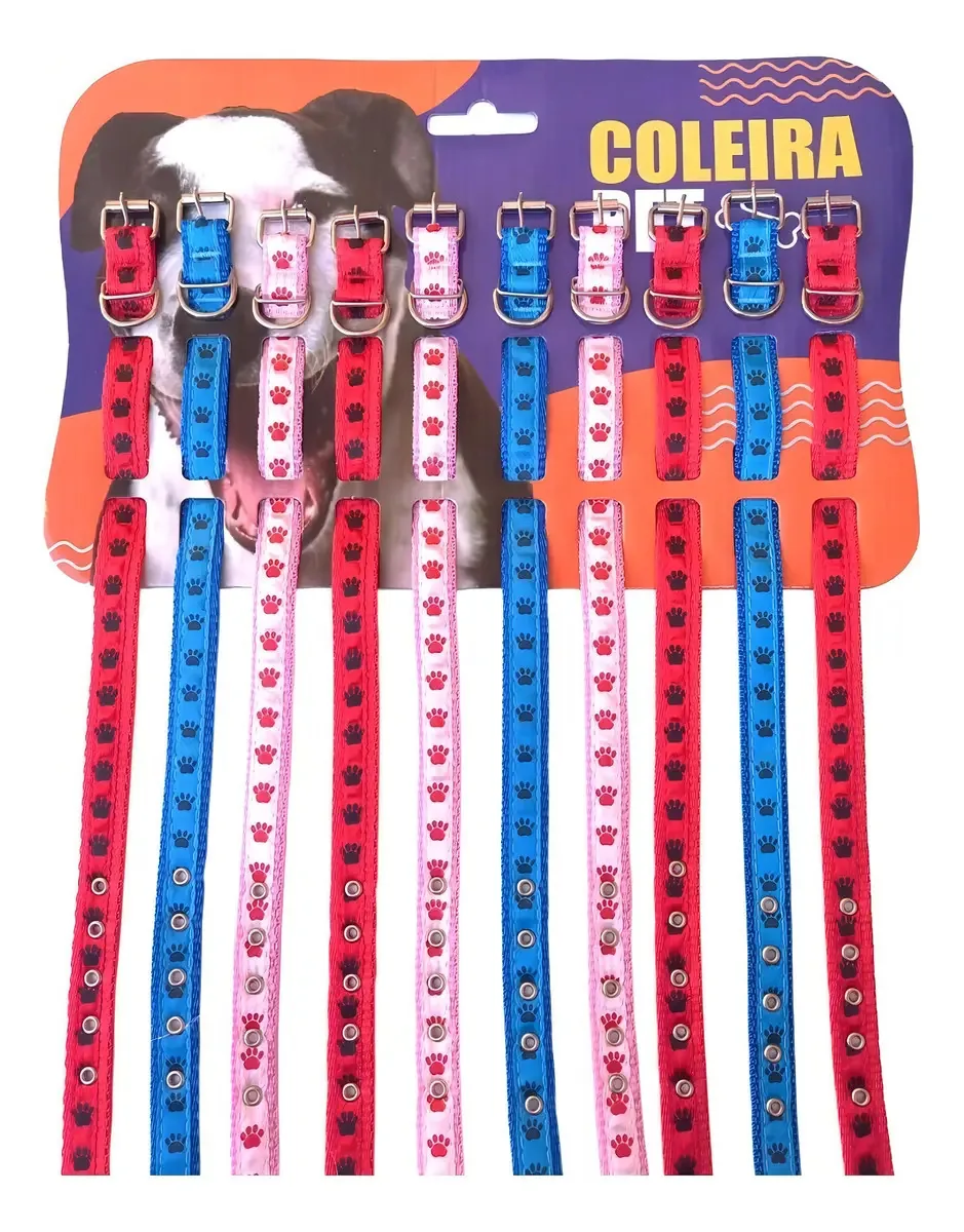 Kit Atacado 10 Coleiras TOP10PET Fivela Nylon Cães Médio Tam M Patas Mix