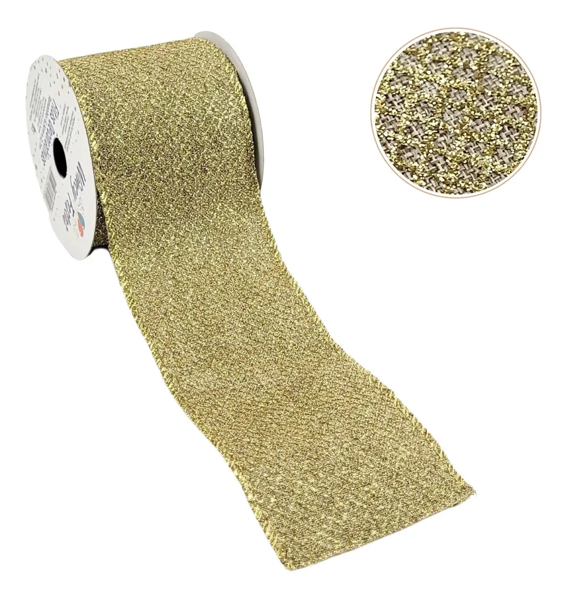Fita Natalina Dourada Inigual de Tecido Aramado para Laços e Decoração 6.3 cm