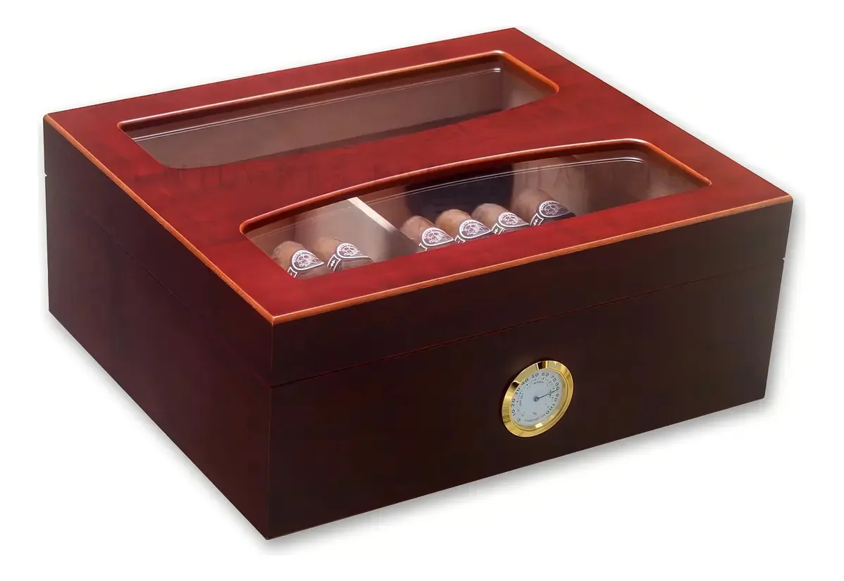 Caixa Umidora Mogno Para 50 Charutos - Tampa Bipartida Cedro