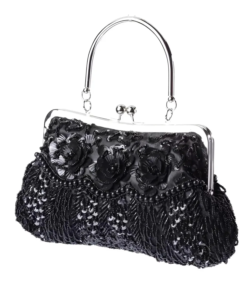 Bolsa Bordada Com Miçangas E Pedrarias Preta A14,3xc27cm