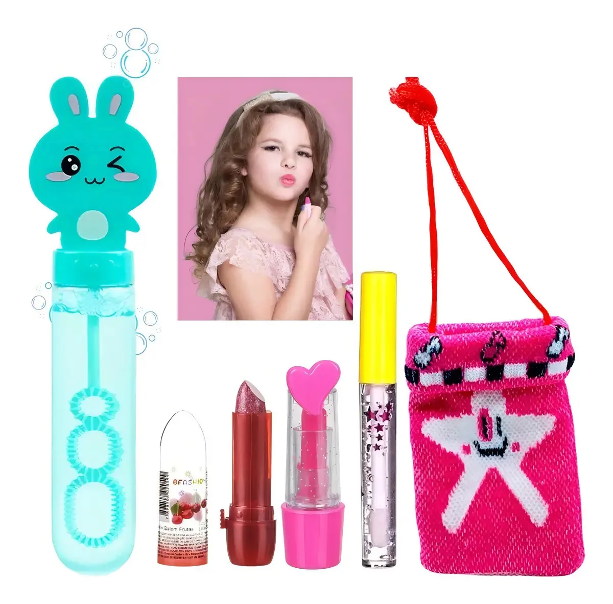 Kit Maquiagem Infantil Nova Avenida Rosa-claro com Bolha Sabão