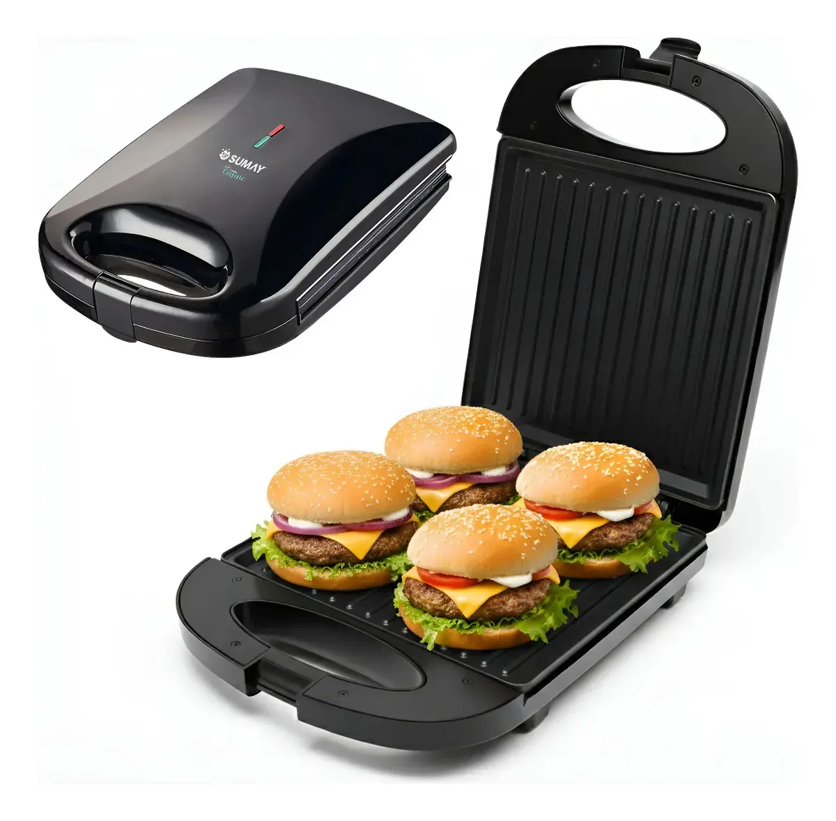Sanduicheira Grill Elétrica Sumay 1200w Preto Para 4 Sanduíches Chapa Grande