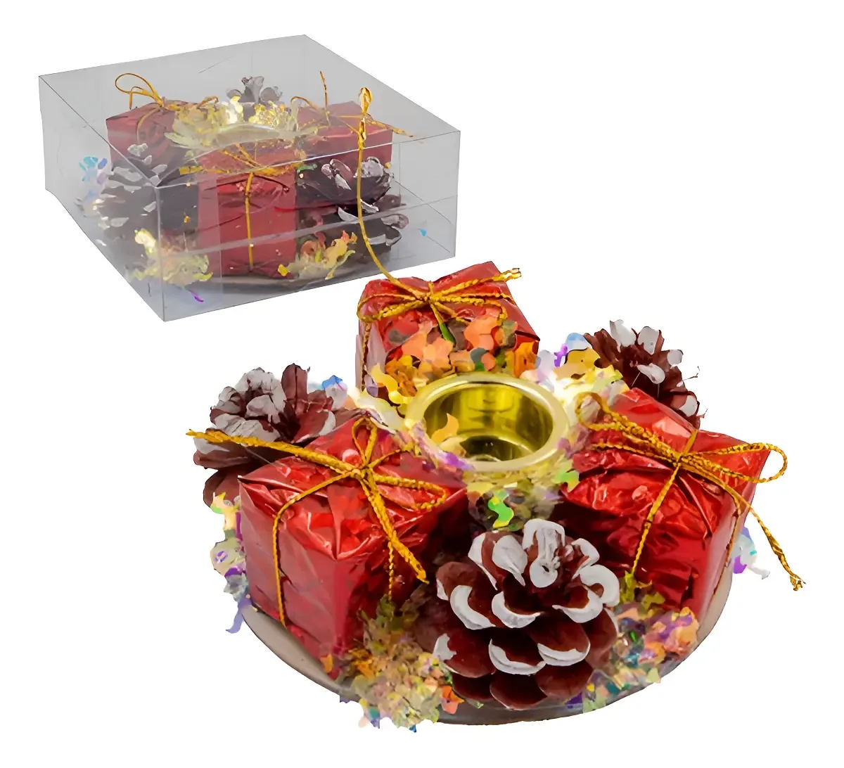 Porta 1 Vela C/ Enfeites Candelabro Natal Decoração 10x10cm Colorido