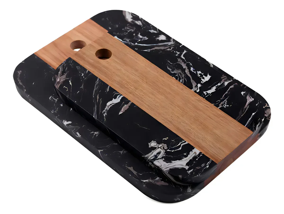 Conjunto Tábuas Para Carne Madeira Mármore Preto 28cm Com Canaleta