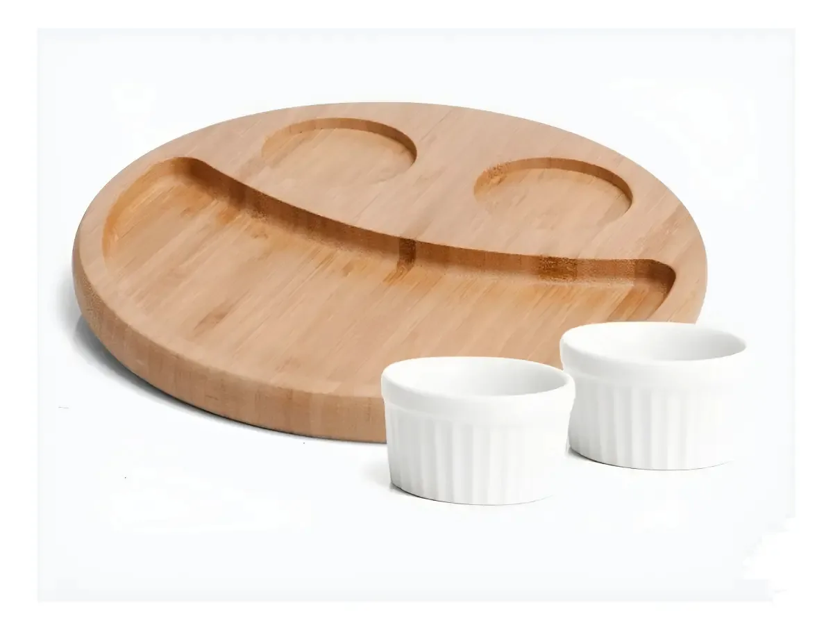 Conjunto Para Petisco Em Bambu E Porcelana 3 Peças Welf Cor Marrom