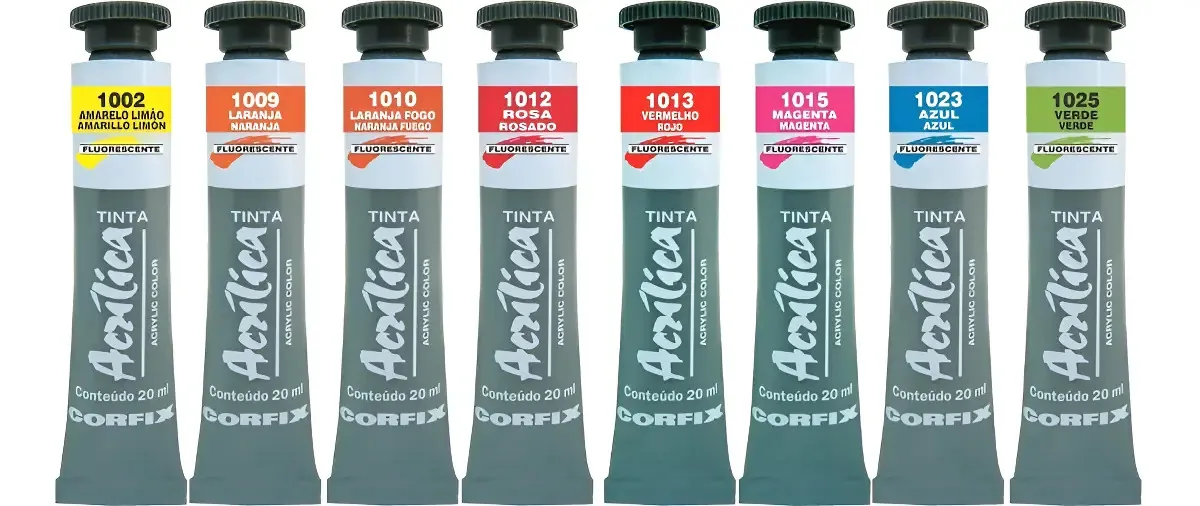 Kit Tintas Acrílicas Fluorescentes Corfix 20ml Para MDF, Madeira, Tela