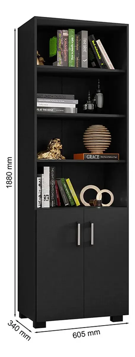 Estante Para Livros 2 Portas 4 Prateleiras Office Preto