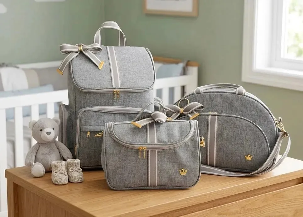 Kit Maternidade Mochila Bolsa Bebê Luxo Alça Removivel Cinza Desenho do tecido Liso