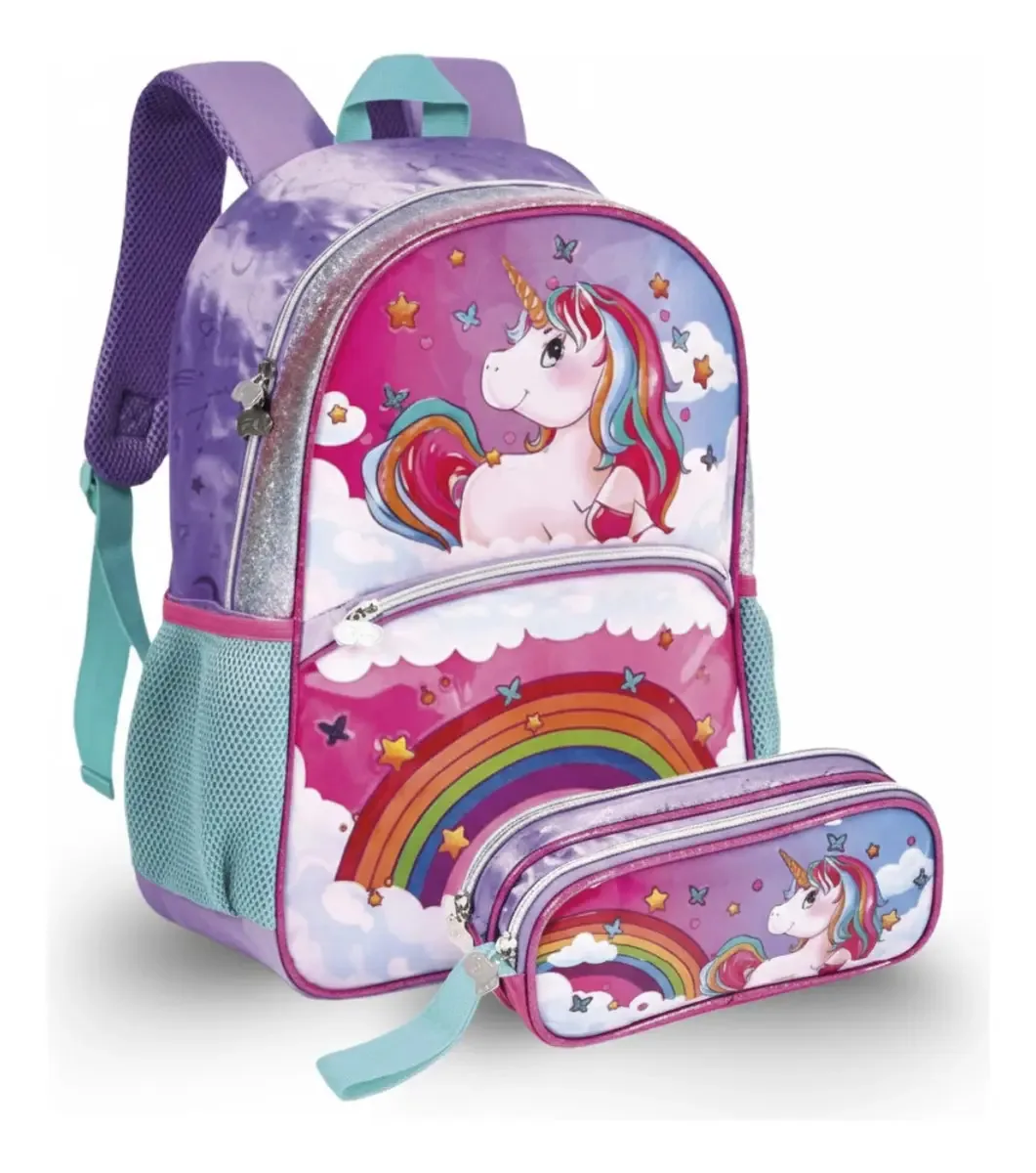 Kit Mochila + Estojo Escolar Infantil Unicórnio Brilhante