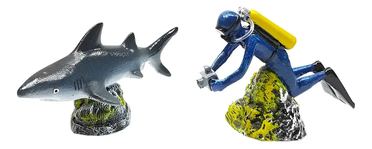 Kit Enfeite Aquário Tubarão e Mergulhador Oxigenador Aquaria Resina