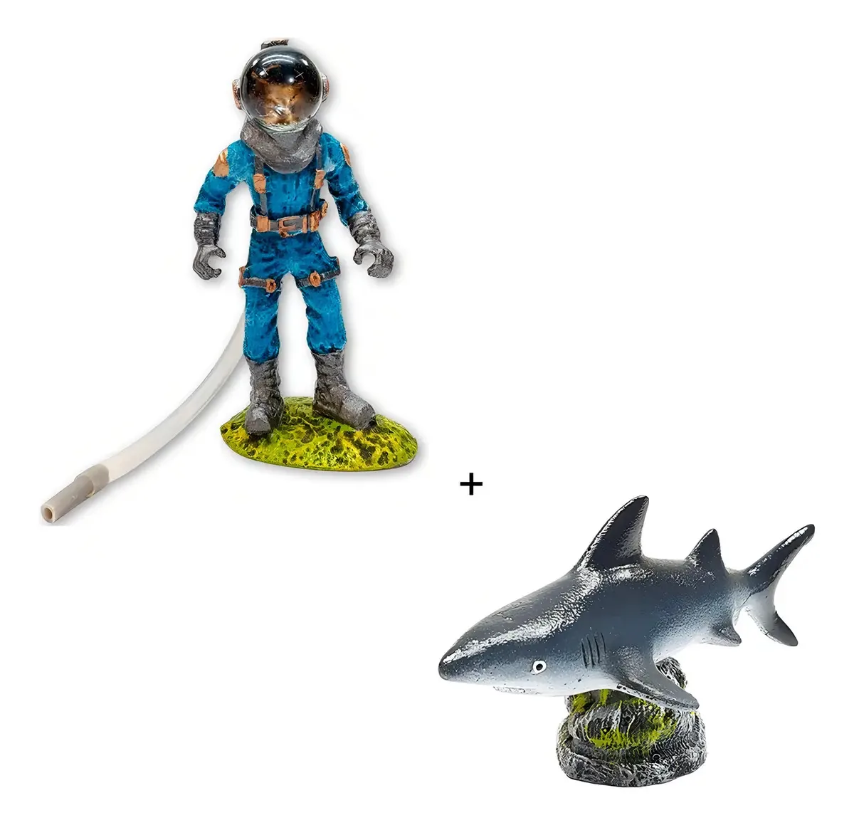 Enfeite Para Aquário Aquaria Resina Kit Tubarão e Escafandro Azul