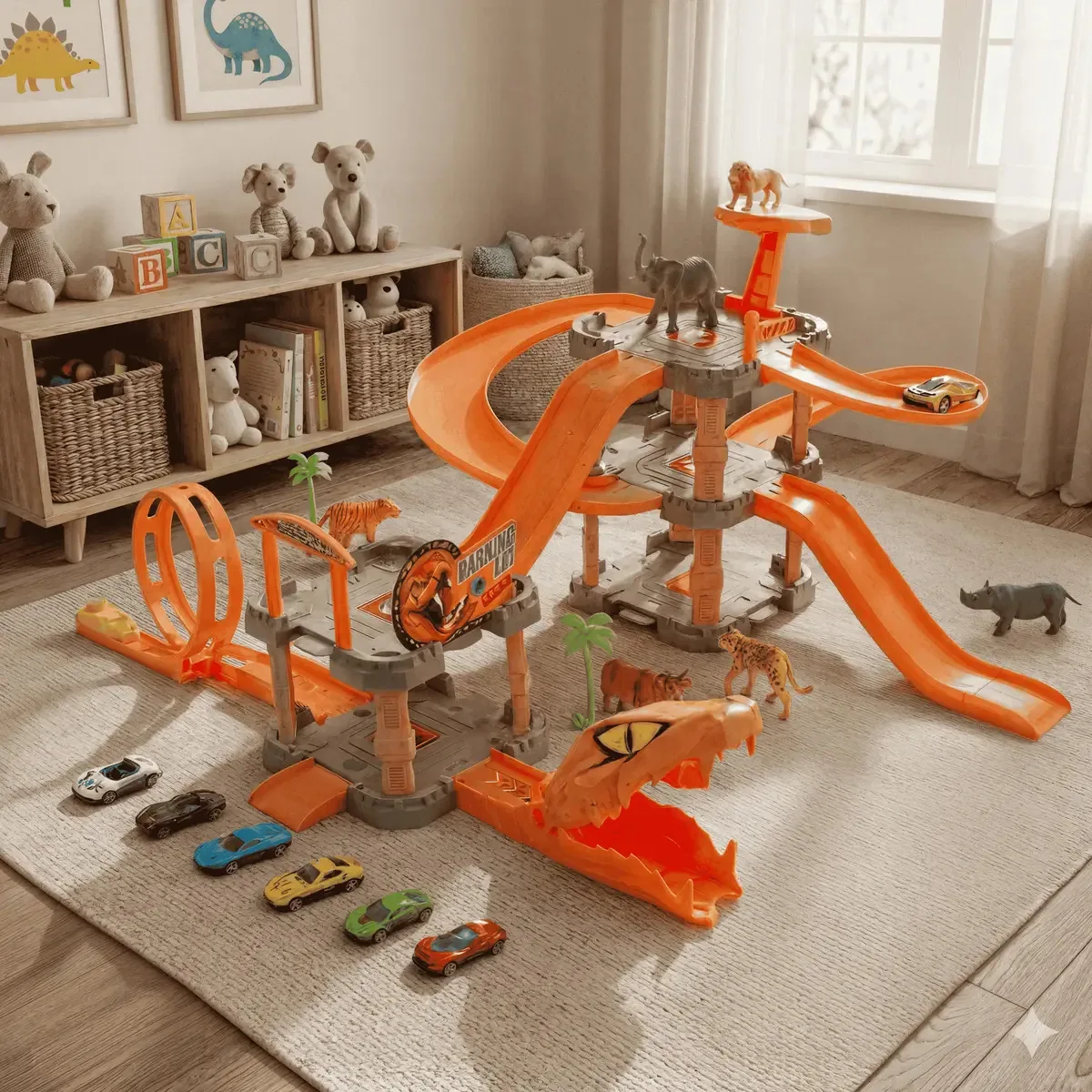 Lançador De Carrinhos Serpente Com Garagem + Looping E 6 Carrinhos Infantil Ligeiro