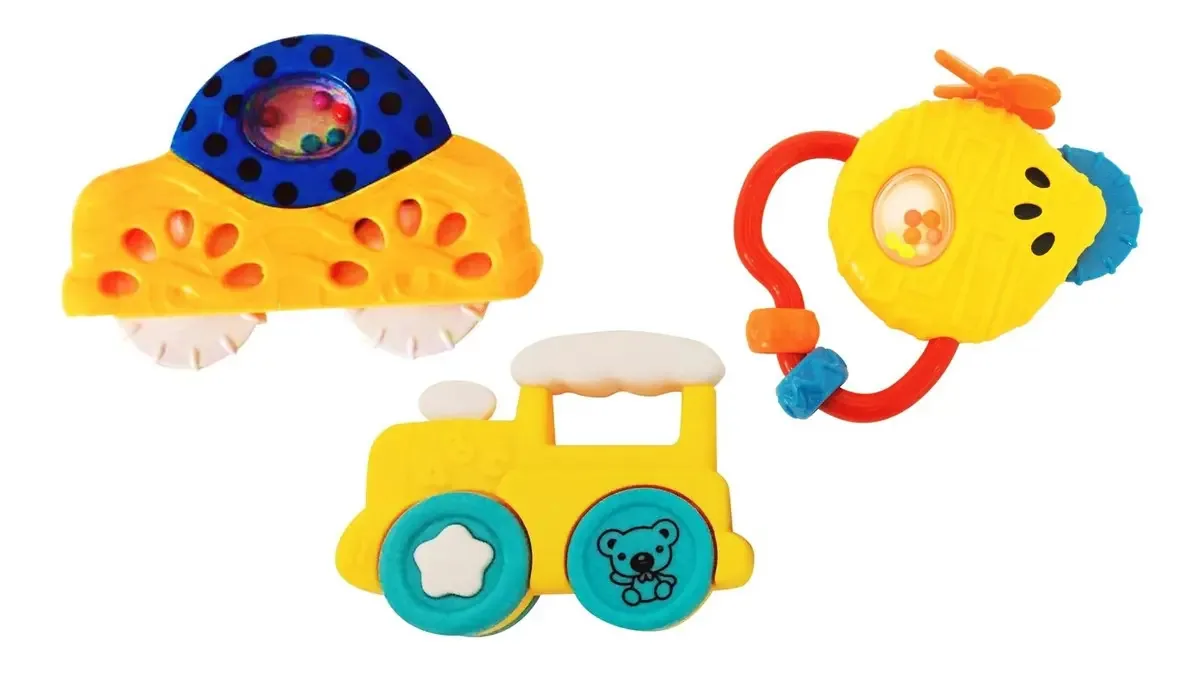 3 Chocalhos Carrinho Trenzinho Helicóptero Coloria Cor Azul