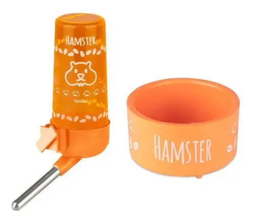 Kit Bebedouro e Comedouro Hamster Injetfour Laranja 170ml