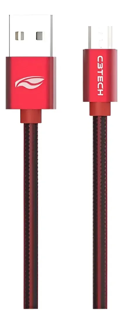 Cabo Micro USB 2m Vermelho C3Tech Conexão de Dados