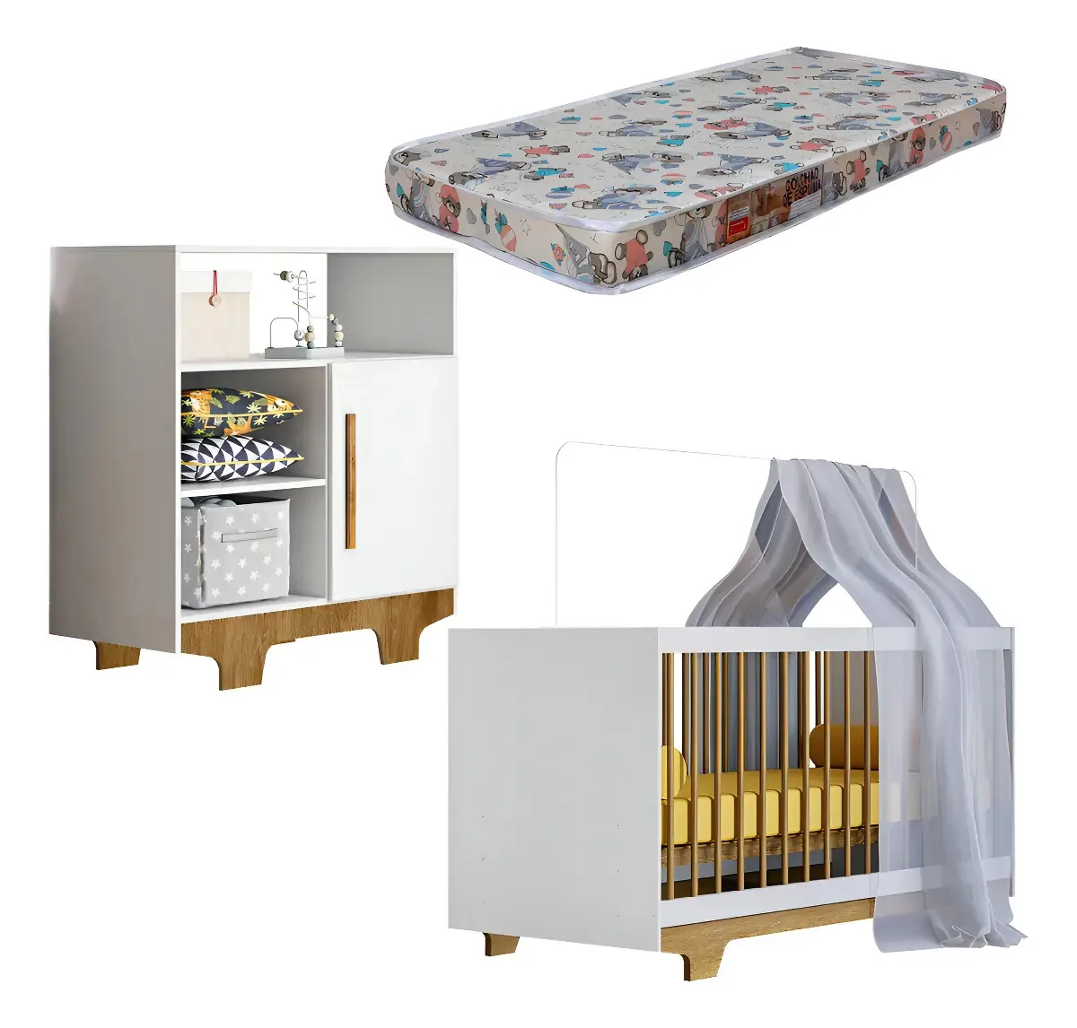 Quarto Bebê Tigus Flocos MDF Berço Cômoda 1 Porta Branco Ypê