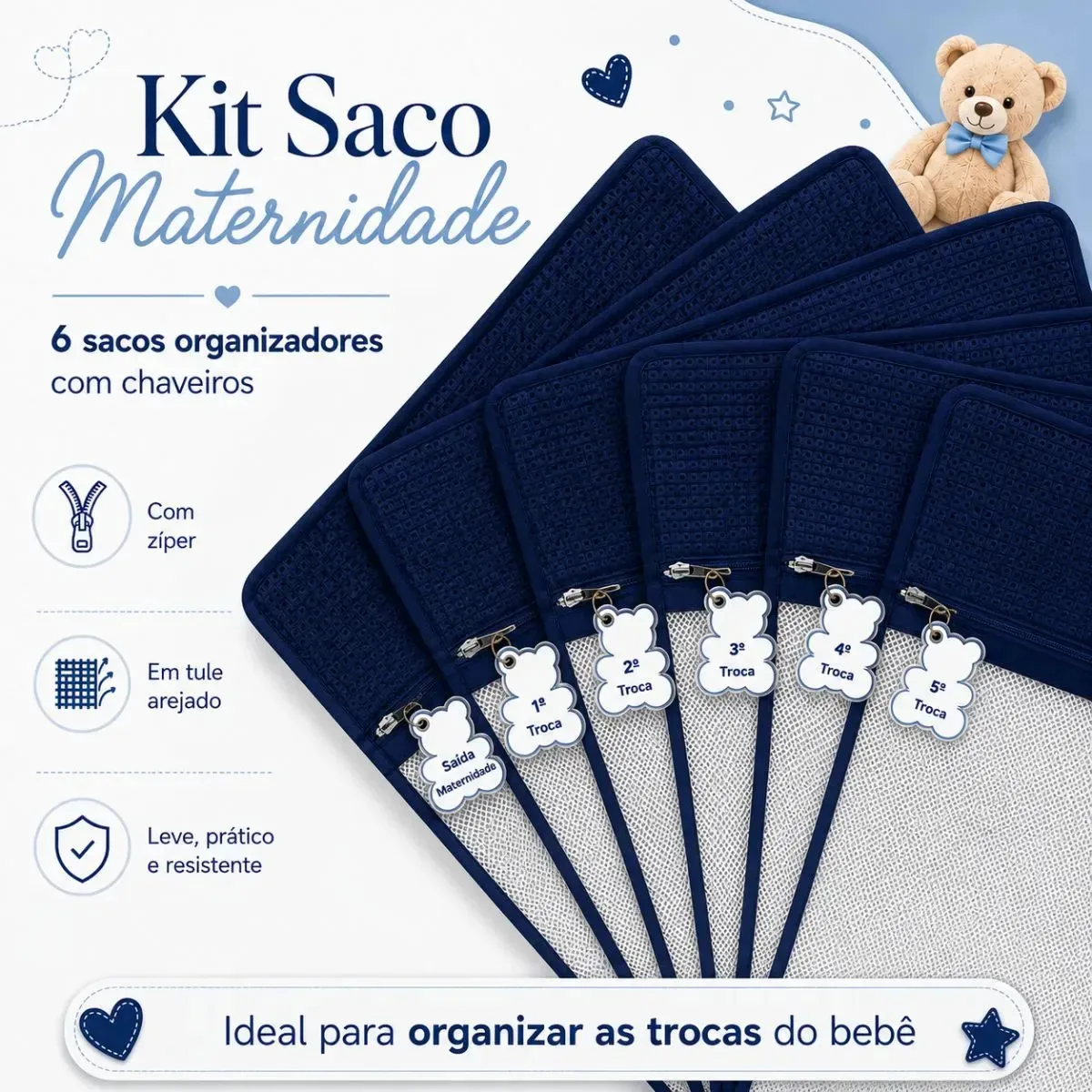 Kit 6 Sacos Organizador Maternidade Mala Viagem Bebê Bordado Azul Marinho