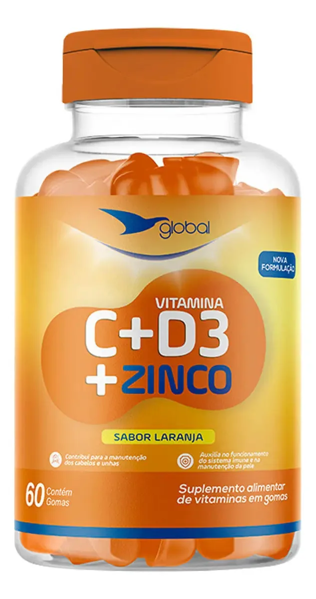 Vitamina C D3 E Zinco Global Suplementos 60 Gomas Laranja