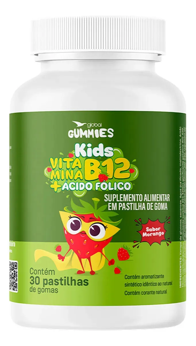Vitamina B12 + Ácido Fólico Global Suplementos 30 Gomas Morango